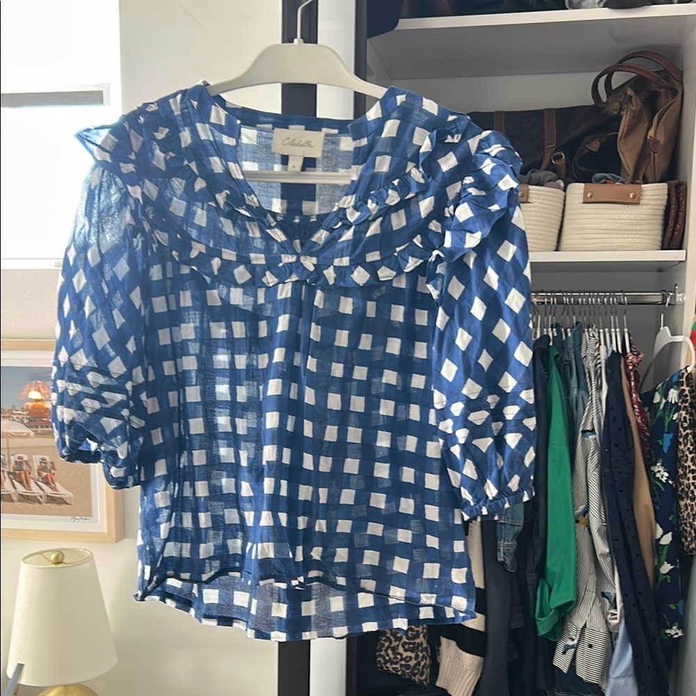 Cleobella Blue and White Ruffled 3/4 Sleeve Blouse